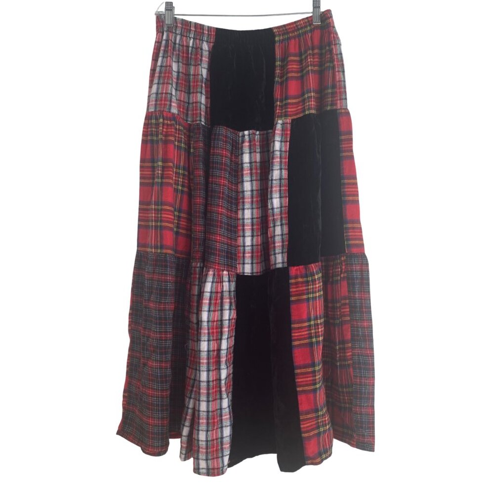 Coldwater Creek Sz M Patchwork Plaid Velour Maxi Skirt Boho Hippie A-Line Womens